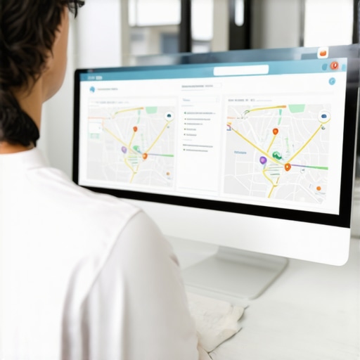 Business owner reviewing local citations on a computer with checklists and maps