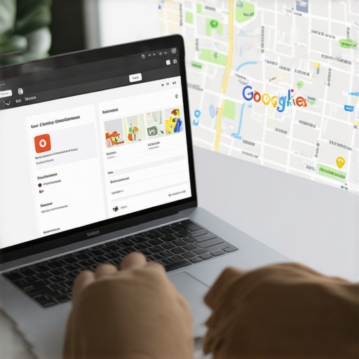 Person working on local business citations on a laptop with maps and directories