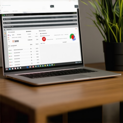 Workspace with SEO analytics on screen, citation tools and automation scripts.