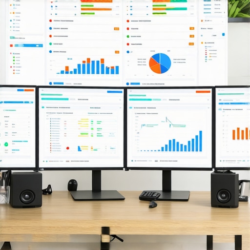 A workspace with multiple monitors showing SEO and citation management tools.